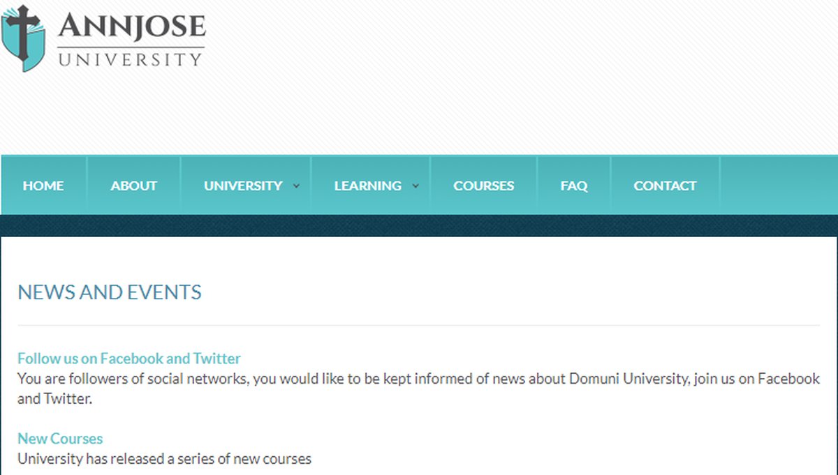 A reference to Domuni Universitas on the web site for AnnJose University, an online university based in New Orleans that appears to have copied much of the material on its website from Domuni, which is a European online university.