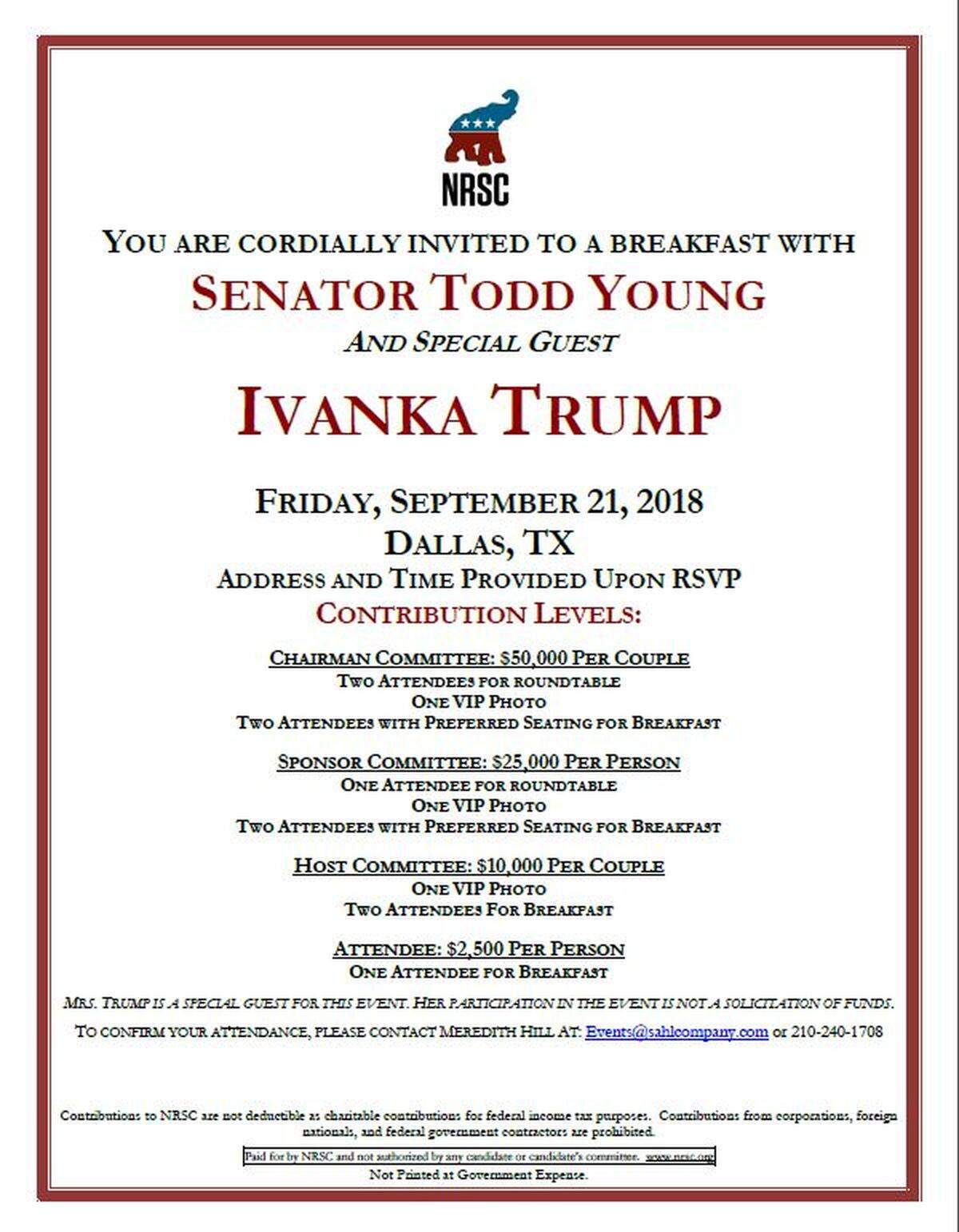 An invitation to a fundraiser for the Senate’s GOP campaign arm, featuring Ivanka Trump and Indiana Sen. Todd Young.