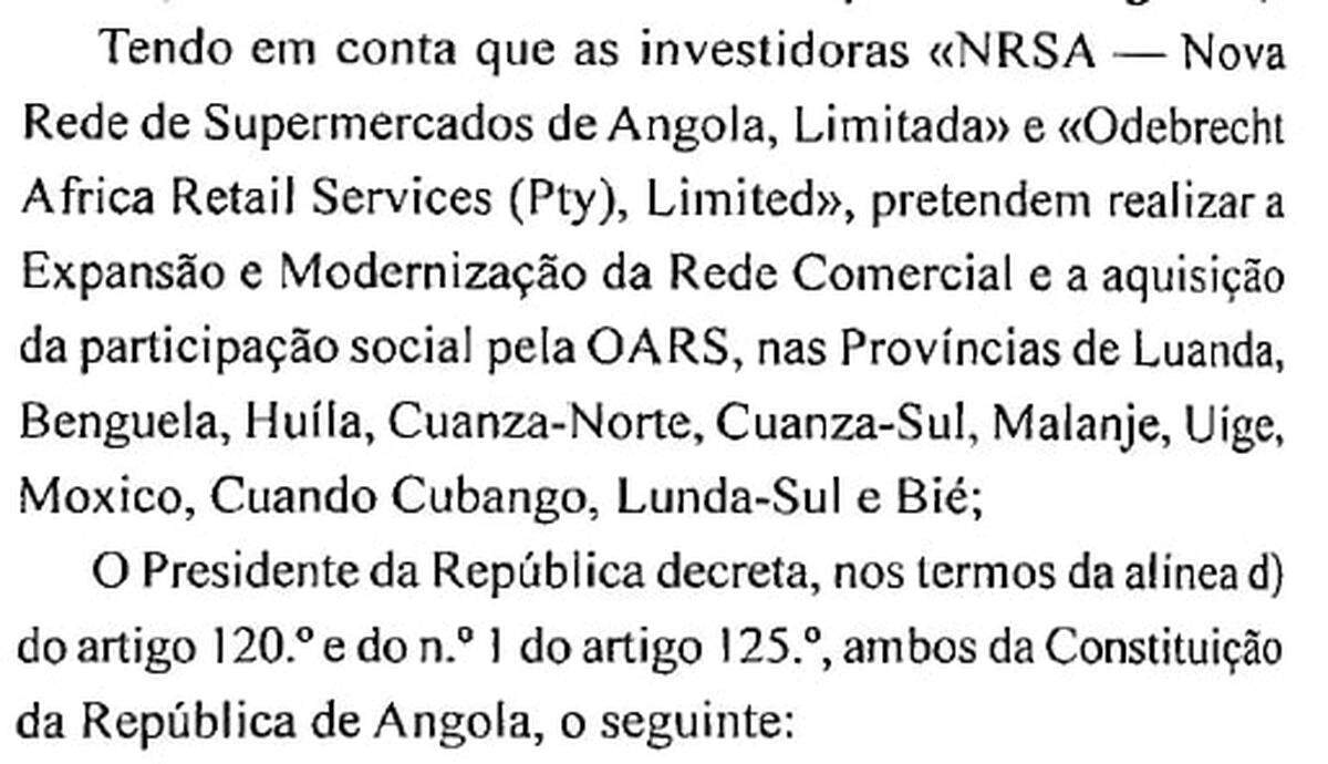 This photo clip shows a section of a Nov. 28, 2014, decree by Angola’s then long-ruling president awarding an affiliate of Brazil’s engineering giant Obebrecht and a local partner a $74 million contract to create supermarkets across the oil-rich African country. Two years later, Odebrecht imploded amid a record $2.6 billion corruption settlement with the U.S. Justice Department.