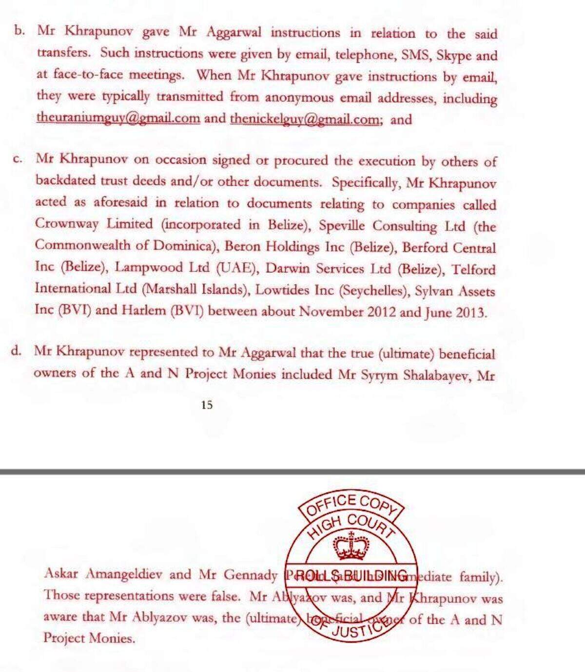 This screen shot of an amended complaint in September 2017 in a British lawsuit brought by a Kazakh bank and the Kazakh city of Almaty spells out some of the accusations against Ilyas Khrapunov and his father-in-law Mukhtar Ablyazov.