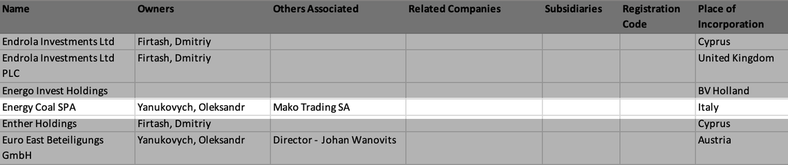 An extract from a spreadsheet titled ‘Yanukovych Investigation’ that came with the leaks lists Oleksandr Yanukovych as the owner of Energy Coal. The other entries in the spreadsheet are for firms owned by individuals known to be close to Viktor Yanukovych.