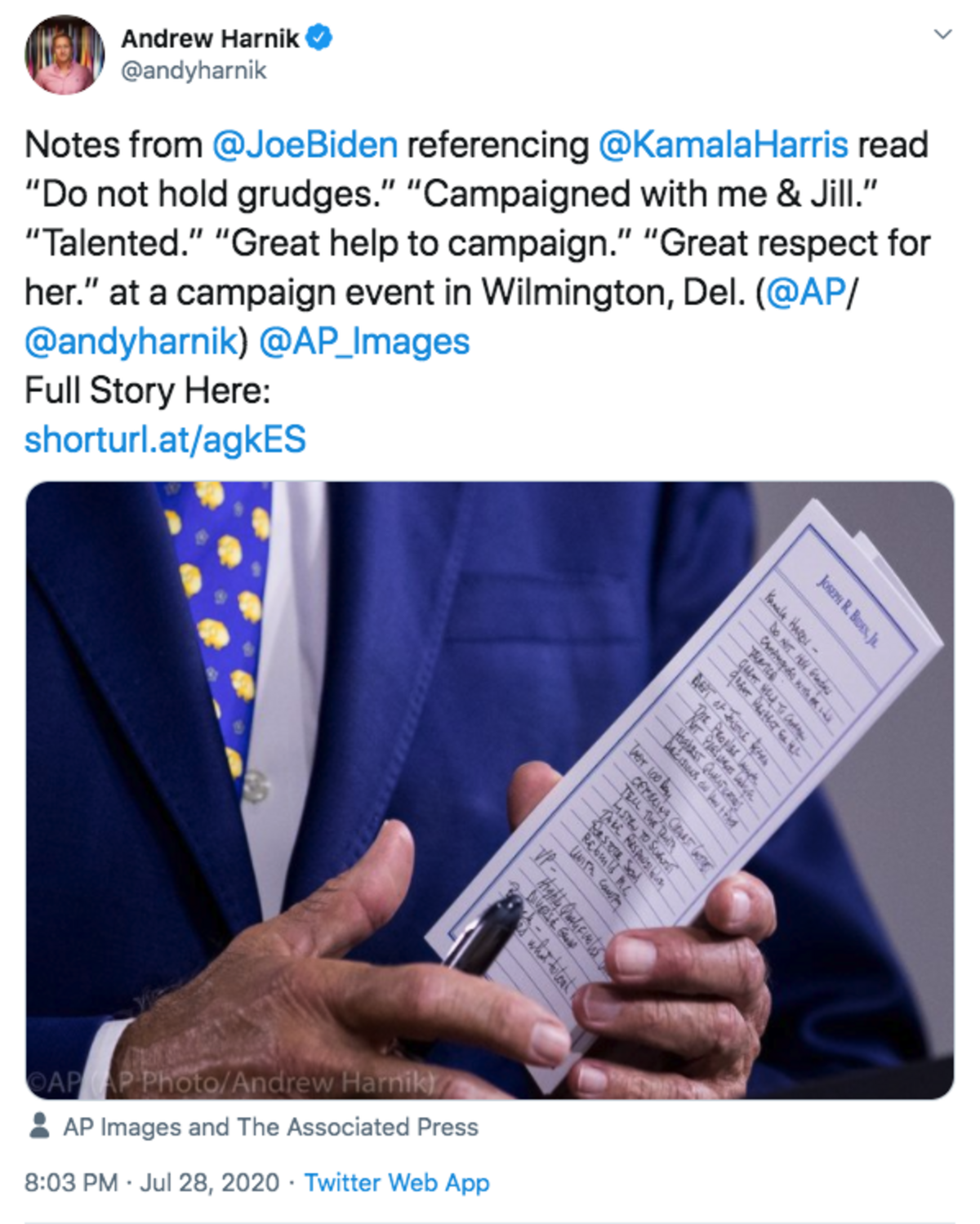 Andrew Harnik took this photo of Joe Biden’s notes in Wilmington, Del. on July 28, 2020