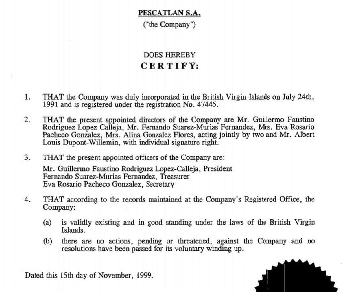 Este fragmento de un documento de noviembre de 1999 encontrado en la investigación llamada los Papeles de Panamá muestra a Guillermo Faustino Rodríguez López-Calleja como presidente de la empresa Pescatlan S.A. en las Islas Vírgenes Británicas. El registro corporativo de Luxemburgo muestra que hoy es el beneficiario efectivo de una empresa llamada Mid-Atlantic S.A., una tenedora de Anglo-Caribbean Shipping con sede en Londres, también controlada por Guillermo.