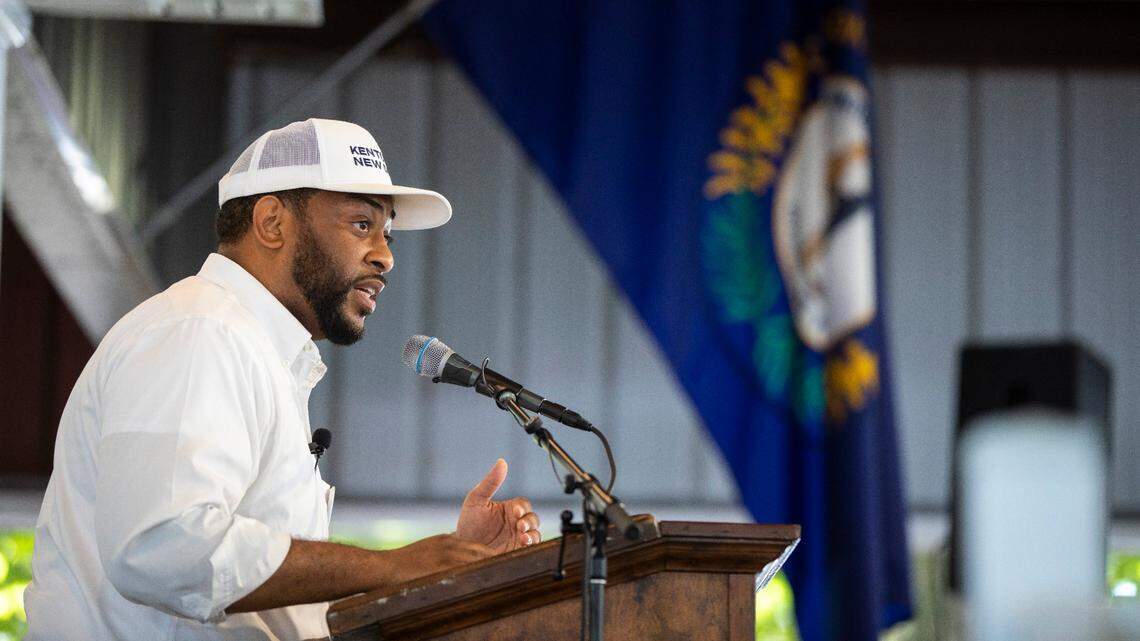 U.S. Senate candidate Charles Booker spoke at the annual St. Jerome’s Fancy Farm Picnic in August.