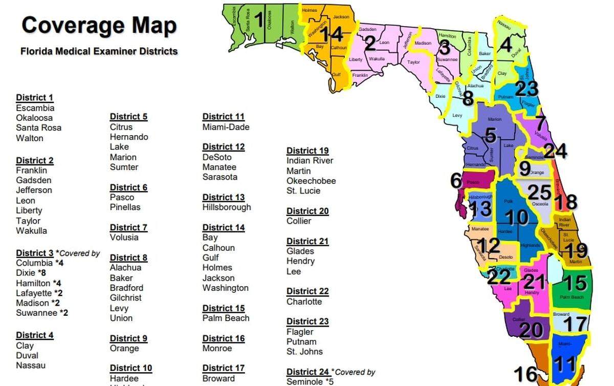 This screenshot from the most recent annual report in 2019 of the state’s Medical Examiners Commission, shows the 25 examiners districts in Florida.