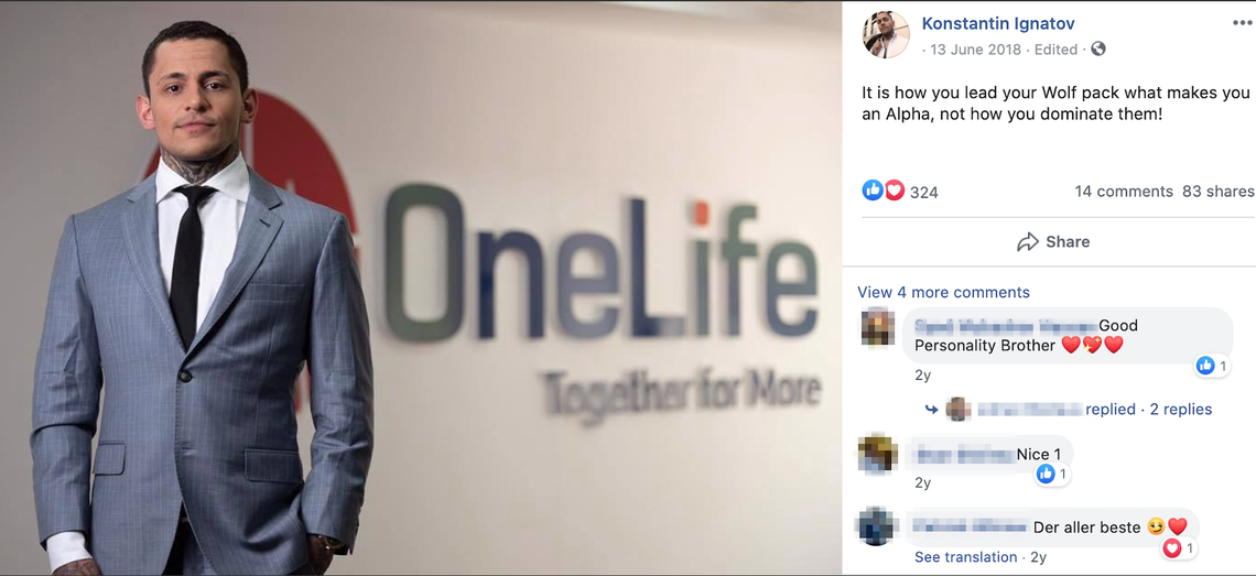Screenshot of a photo of Ruja Ignatova’s brother, Konstantin Ignatov, from his Facebook account. Behind him is a banner of OneLife, a known proxy of OneCoin.