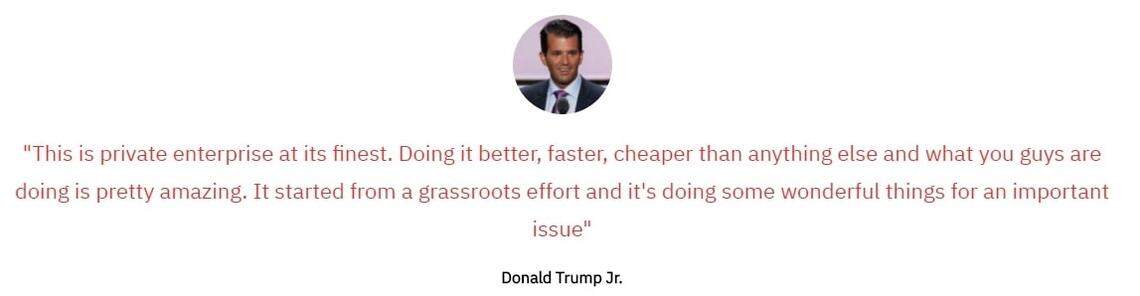 This screenshot of the website of We Build the Wall, taken on Aug. 20, 2020, shows an endorsement of the non-profit by Donald Trump Jr.