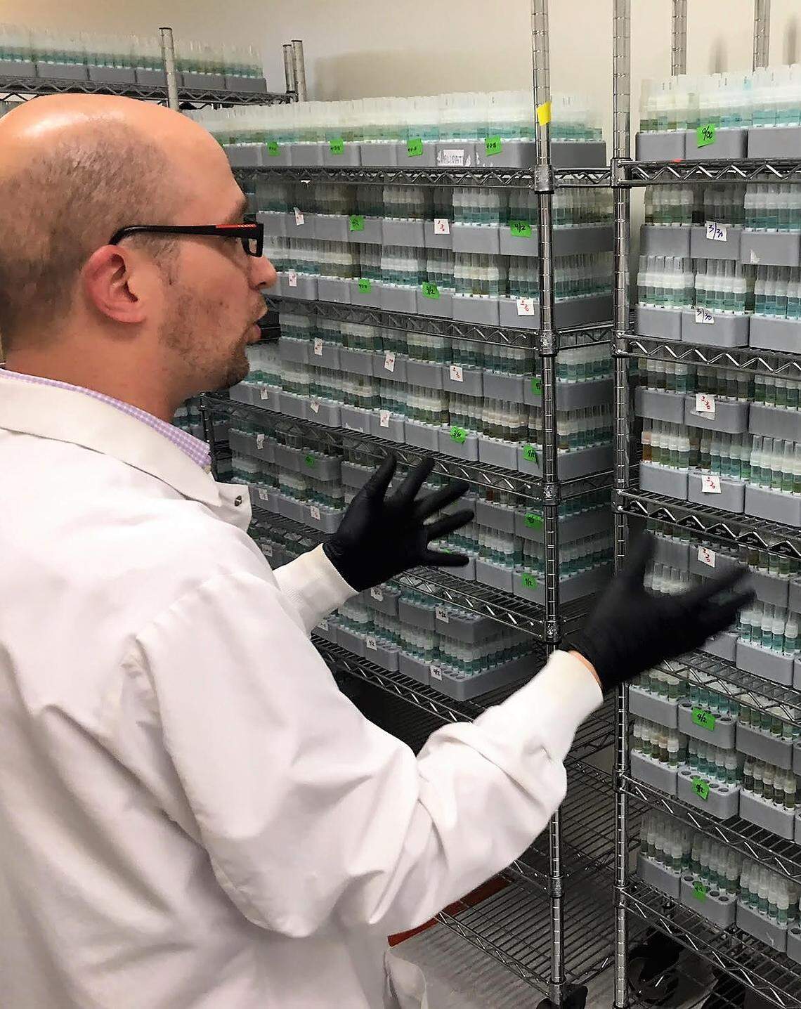 Jay Antico, clinical lab manager for Illumina, motions toward a wall of tubes filled with people’s saliva at the company’s lab in La Jolla, Ca., on April 12, 2018. Illumina is a contractor that analyzes customer DNA for Ancestry.com.