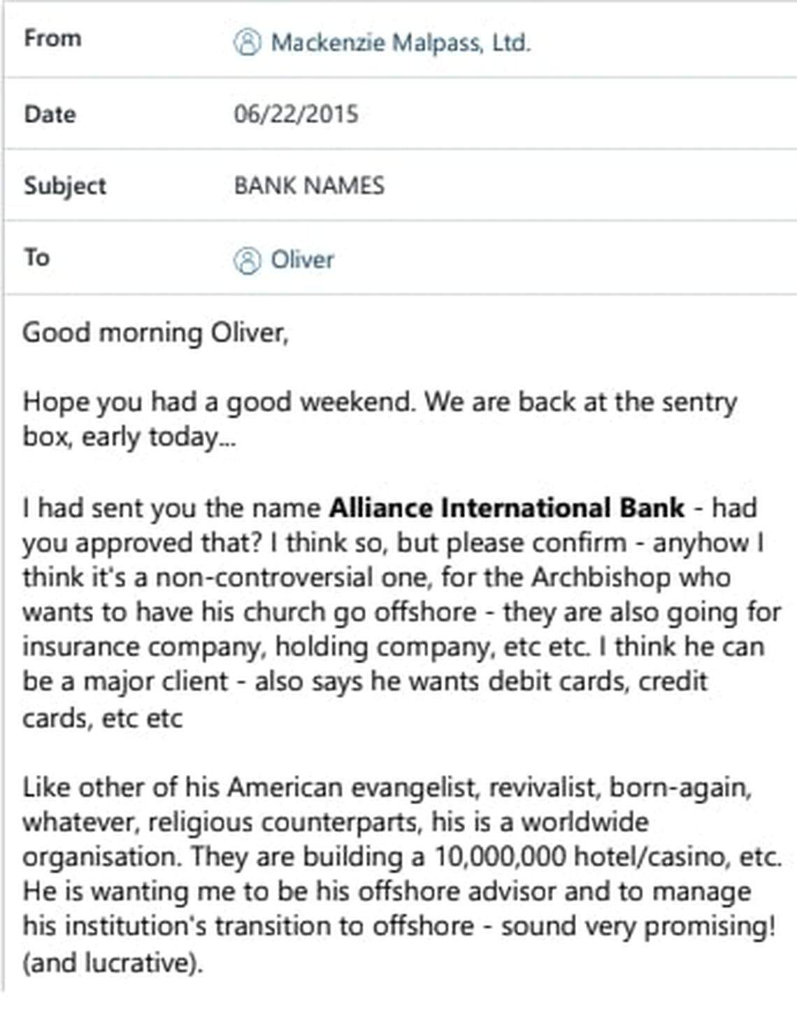 This screenshot of an email between an offshore services middleman to Formations House shows that Massachusetts-based Archbishop Timothy Paul (Baymon) of the Christian Cathedral sought to use a variety of offshore shell entities to move finances abroad. He said in an interview it was for planned African charities.