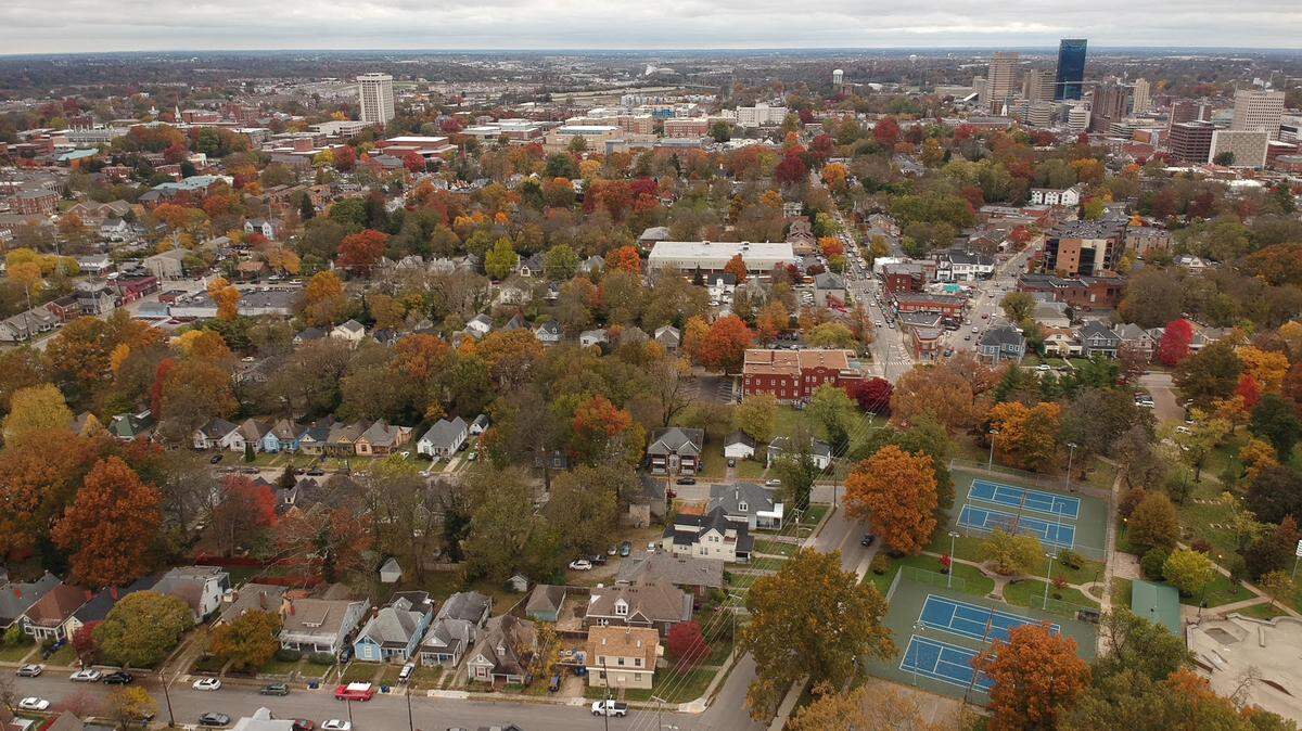 Aerial view from above Lexington’s Woodland Park looking west toward downtown in early November 2018. 