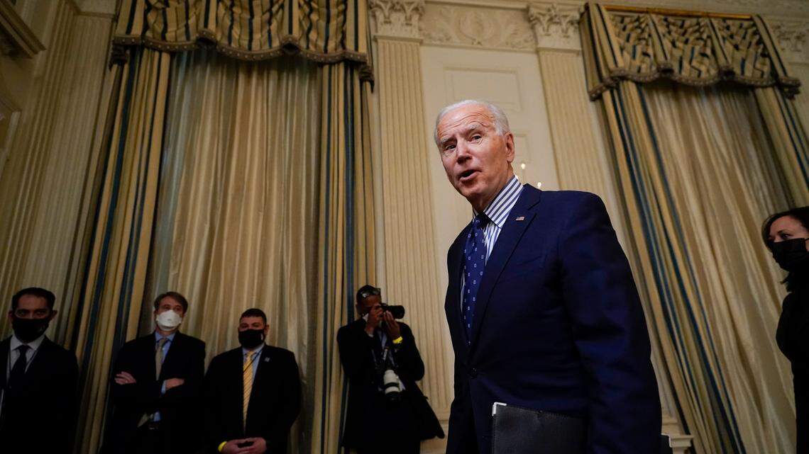 President Joe Biden leaves after speaking in the State Dining Room of the White House, Saturday, March 6, 2021, in Washington. He will sign an executive order Monday establishing a Gender Policy Council. (AP Photo/Alex Brandon)