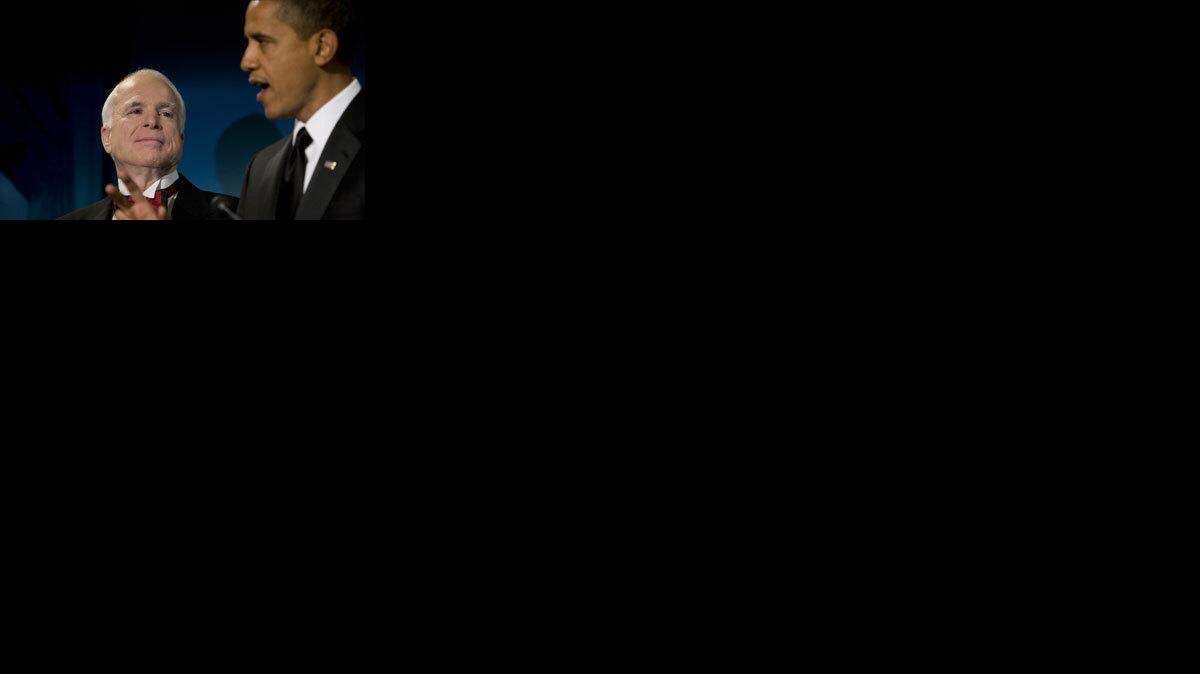 President-elect Barack Obama addresses the Bipartisan Dinner honoring Sen. John McCain (R-Ariz.) at the Hilton Washington in Washington D.C. on Monday, January 19, 2009. (Zbigniew Bzdak/Chicago Tribune/MCT)