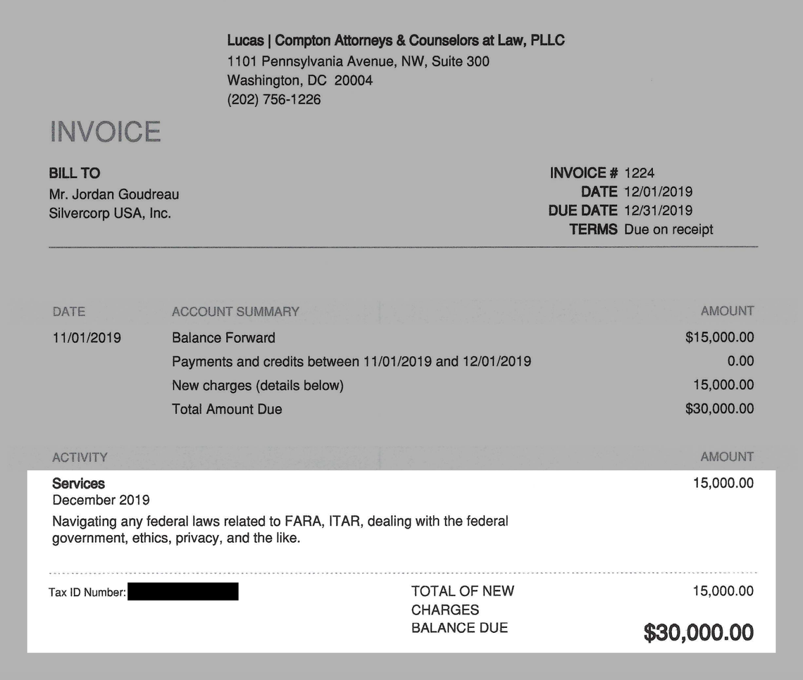 A copy of the invoice charging $30,000 for navigating federal laws relating to arms exports and foreign lobbying, sent by Washington lobbyist Travis Lucas to Jordan Goudreau.