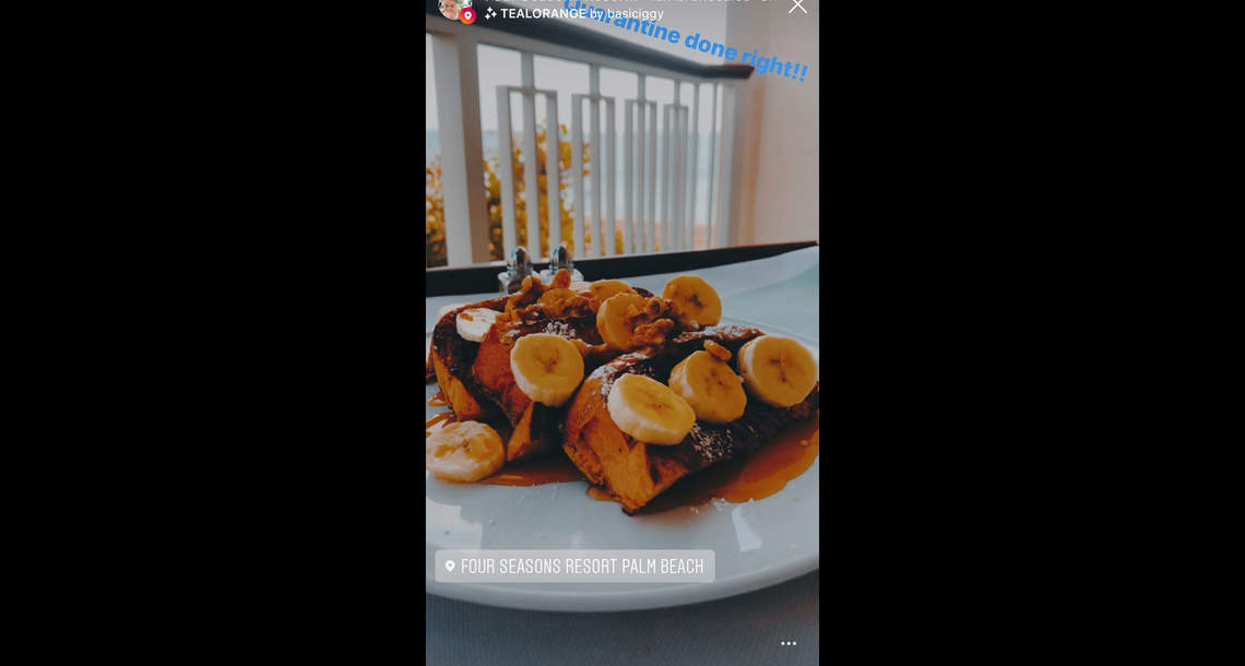 Instagram post from Four Seasons Resort Palm Beach from April 1, 2020 with the caption ‘Quarantine done right!’