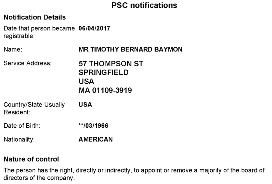 This screenshot of a document found in the British corporate registry shows Timothy Bernard Baymon, the archbishop of a freestanding Christian denomination in Massachusetts, as the owner of Global Mortgages Ltd. He explained it was for a plan to buy real estate in Africa that never materialized.