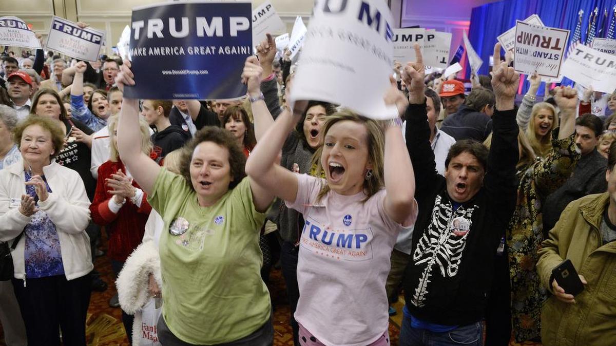 Supporters of Republican presidential candidate Donald Trump celebrate during a primary watch party at the Spartanburg Marriott in Spartanburg, S.C., on Saturday, Feb. 20, 2016.
