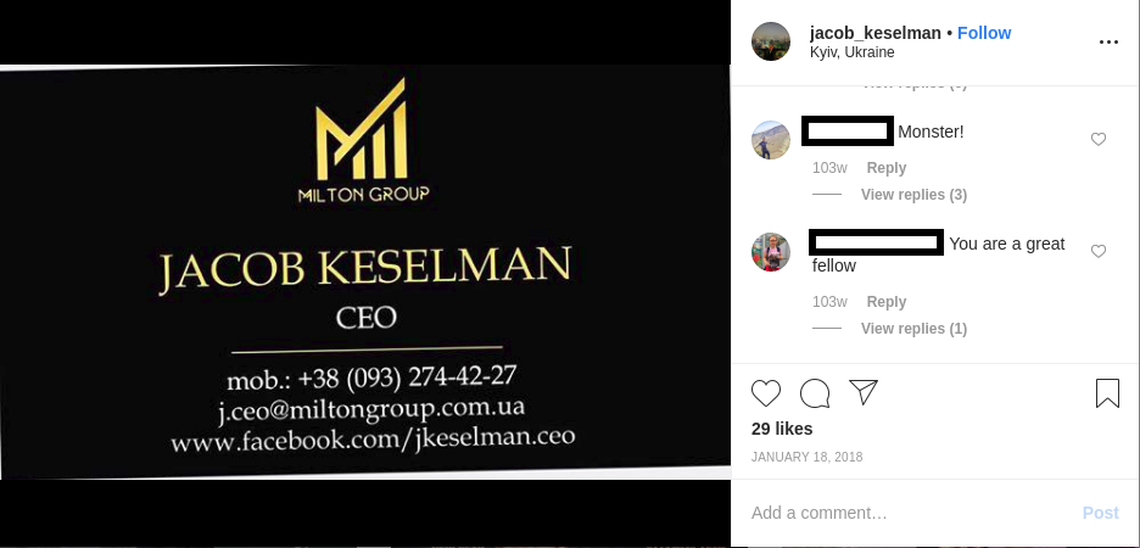 A photo from Jacob Keselman’s Instagram account showing a business card that identifies him as CEO of Milton Group even though he denied it and said he is only the “director” of the company.