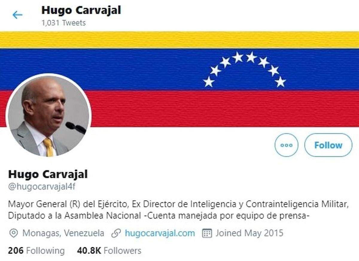 This screenshot shows the Twitter profile of Hugo Carvajal Barrios, a former head of Venezuelan military intelligence facing extradition from Spain to the United States for alleged narco-terrorism.