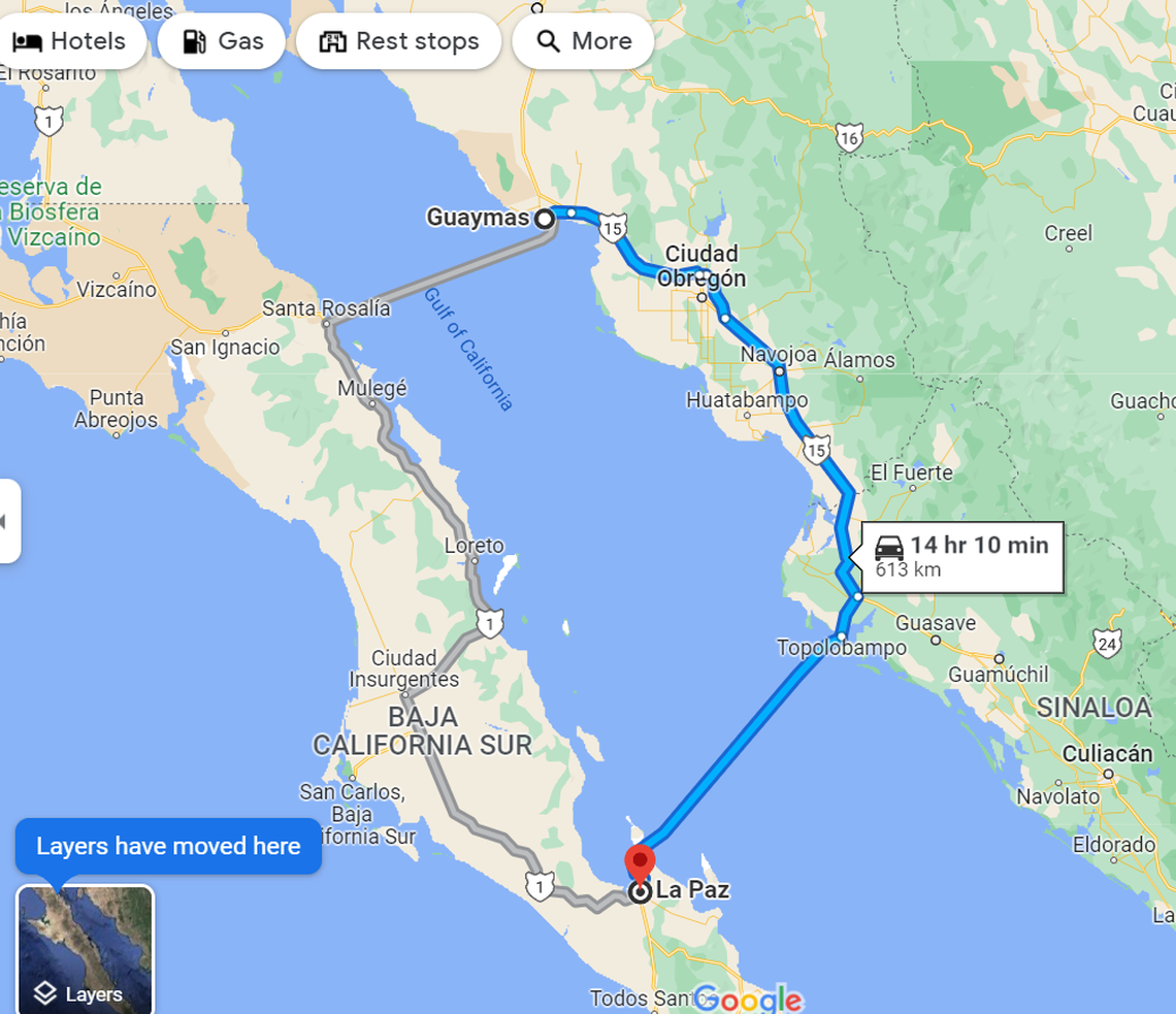 Map of Guaymas, Sonora, Mexico to La Paz, Baja California Sur, Mexico. Austin’s boat was found beached near Loreto.