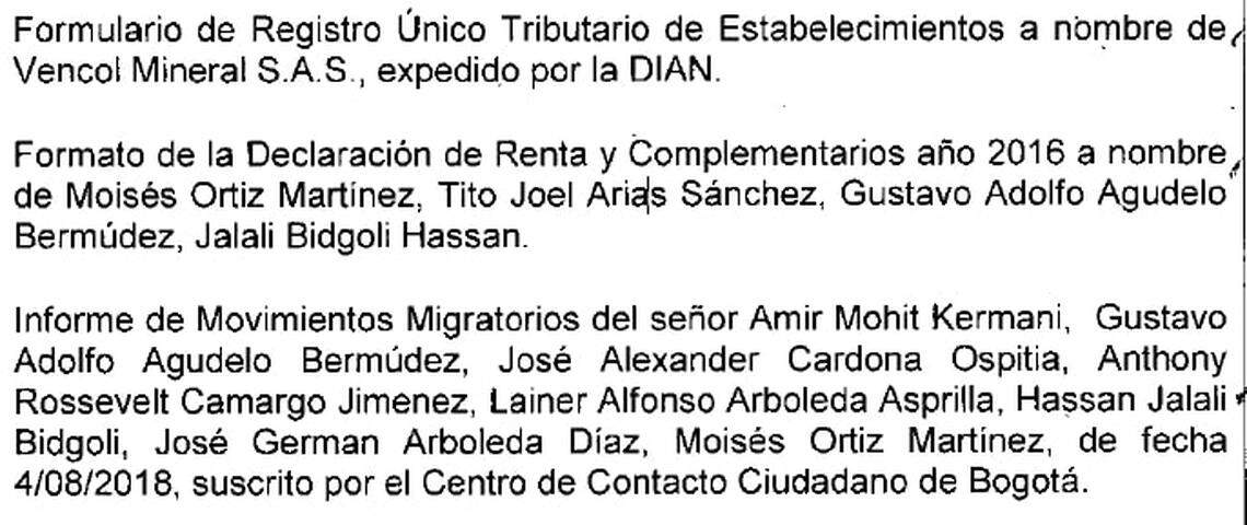 This screenshot from Colombian legal documents shows that authorities sought tax records in 2016 for Vencol Mineral SAS, which lists Miami resident Hassan Jalali Bidgoli among those with tax liability for the firm. Jalali’s lawyers said he was unaware his relative Moisés Ortiz Martinez, who was convicted, had engaged in illegal mining.