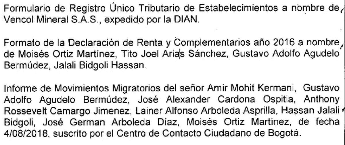 This screenshot from Colombian legal documents shows that authorities sought tax records in 2016 for Vencol Mineral SAS, which lists Miami resident Hassan Jalali Bidgoli among those with tax liability for the firm. Jalali’s lawyers said he was unaware his relative Moisés Ortiz Martinez, who was convicted, had engaged in illegal mining.