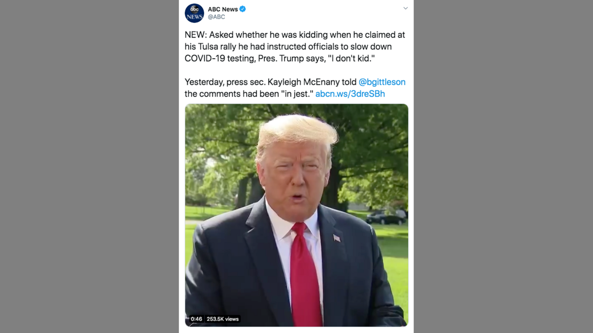 President Donald Trump responds to a question about whether he was kidding about asking scientists to slow down COVID-19 testing.