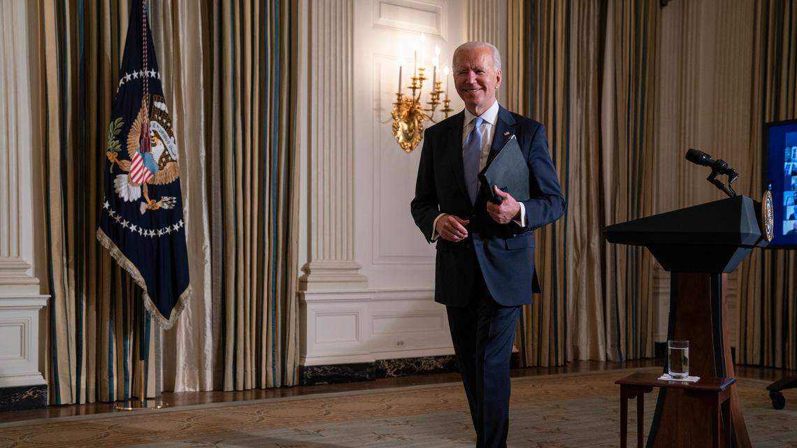 FILE - In this Jan. 20, 2021, file photo, President Joe Biden leaves after attending a virtual swearing in ceremony of political appointees from the State Dining Room of the White House in Washington. Here’s a look at his schedule for Thursday, his first full day in office. (AP Photo/Evan Vucci, File)