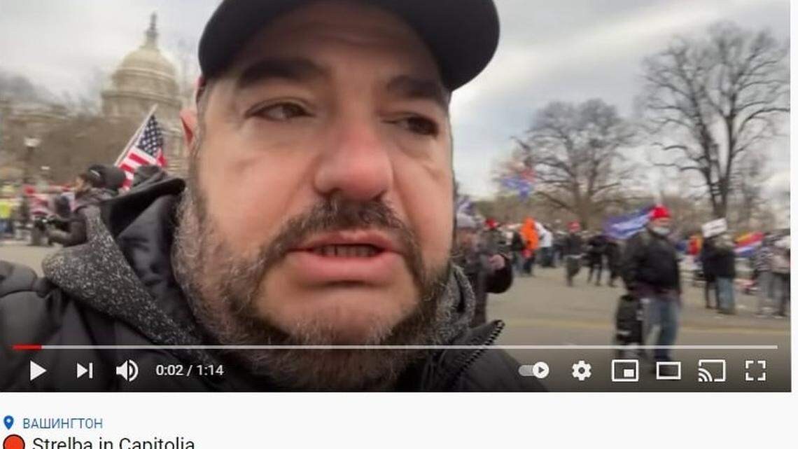 The screenshot of a live-streamed video posted by South Florida private investigator Steve Doudnik shows him on Jan. 6, 2021, outside the U.S. Capitol shortly before the ensuing turmoil. He appeared online and on numerous pro-government news channels in Russia in the weeks that followed, claiming Antifa and Democrats were behind the Capitol melee. More recently he alleged that his bank account has been closed because of his presence outside the Capitol.