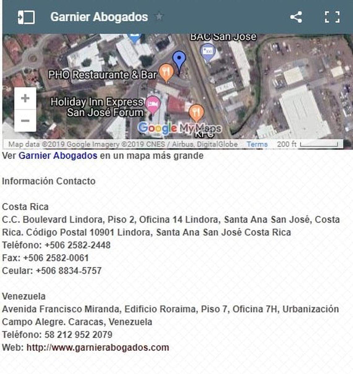 Captura de pantalla de la página digital del bufete Garnier Abogados, que indica que tiene oficinas en Costa Rica y Venezuela. El fundador del bufete, Christian Garnier, dijo que no sabía que había una oficina de la firma en Venezuela en la página de la entidad.