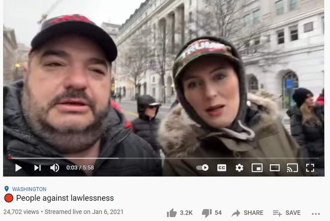 The screenshot of a live streamed video posted by South Florida private investigator Steve Doudnik shows him on Jan. 6, 2021, walking towards the U.S. Capitol with fellow Russian-language blogger Yelena Nikitskaya shortly before the ensuing turmoil. Both appeared separate and together on numerous pro-government news channels in Russia in the weeks that followed, claiming Antifa and Democrats were behind the Capitol melee.