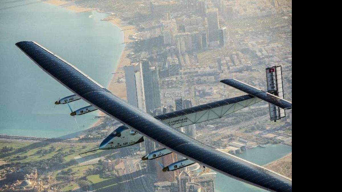 The Solar Impulse 2 flies over Abu Dhabi, United Arab Emirates, undertaking preparation flights for the first ever Round-The-World Solar flight on Mar. 3, 2015.
