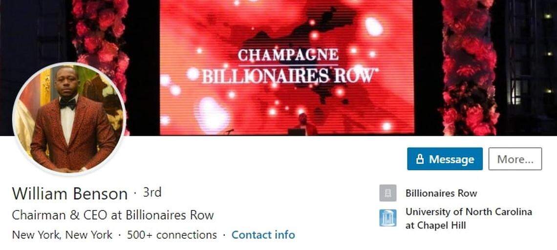 This screenshot of William Benson’s LinkedIn page touts his company Billionaires Row, which purports to sell champagne and luxury goods.