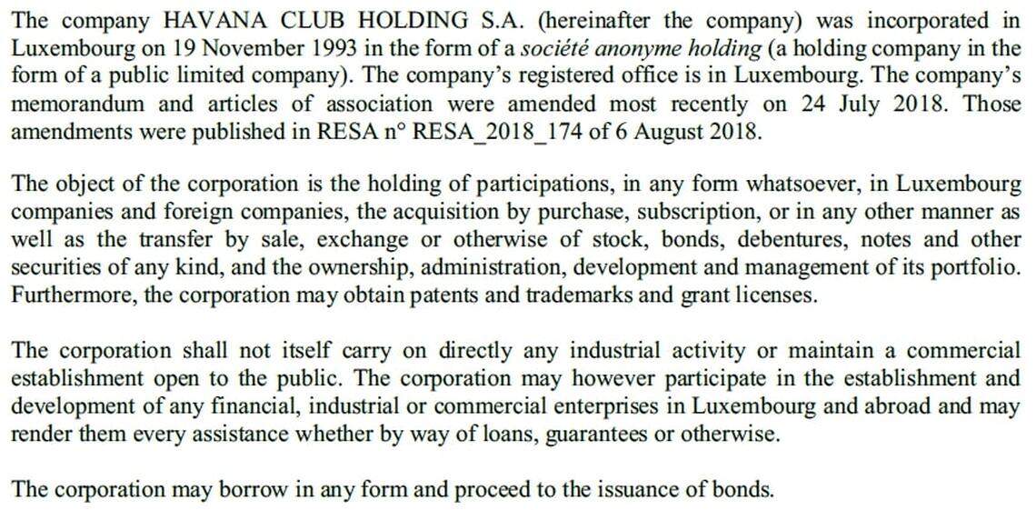 This snip of a document from Luxembourg’s corporate registry shows the incorporation in 1993 of Havana Club S.A. by Cuba’s state rum manufacturer. Cuban companies for decades have relied on Switzerland and Luxembourg to help stay under the radar as successive U.S. administrations used sanctions to pressure the Castro brothers and the one-party government to democratize.