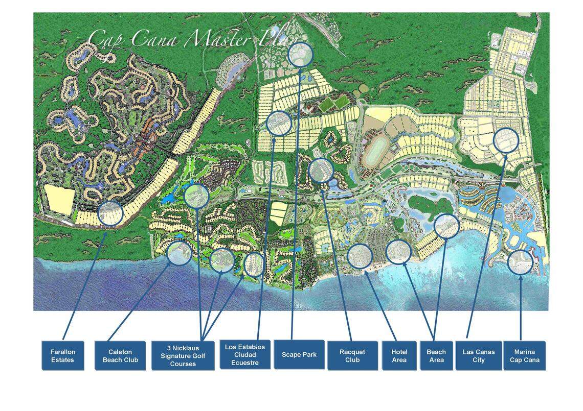 Imagen de un folleto promocional en la página digital del urbanizador de Cap Cana muestra el plan maestro del proyecto, junto al mar en República Dominicana. La organización Trump Farallon Estates fue uno de los primros participantes hace unos decenios.