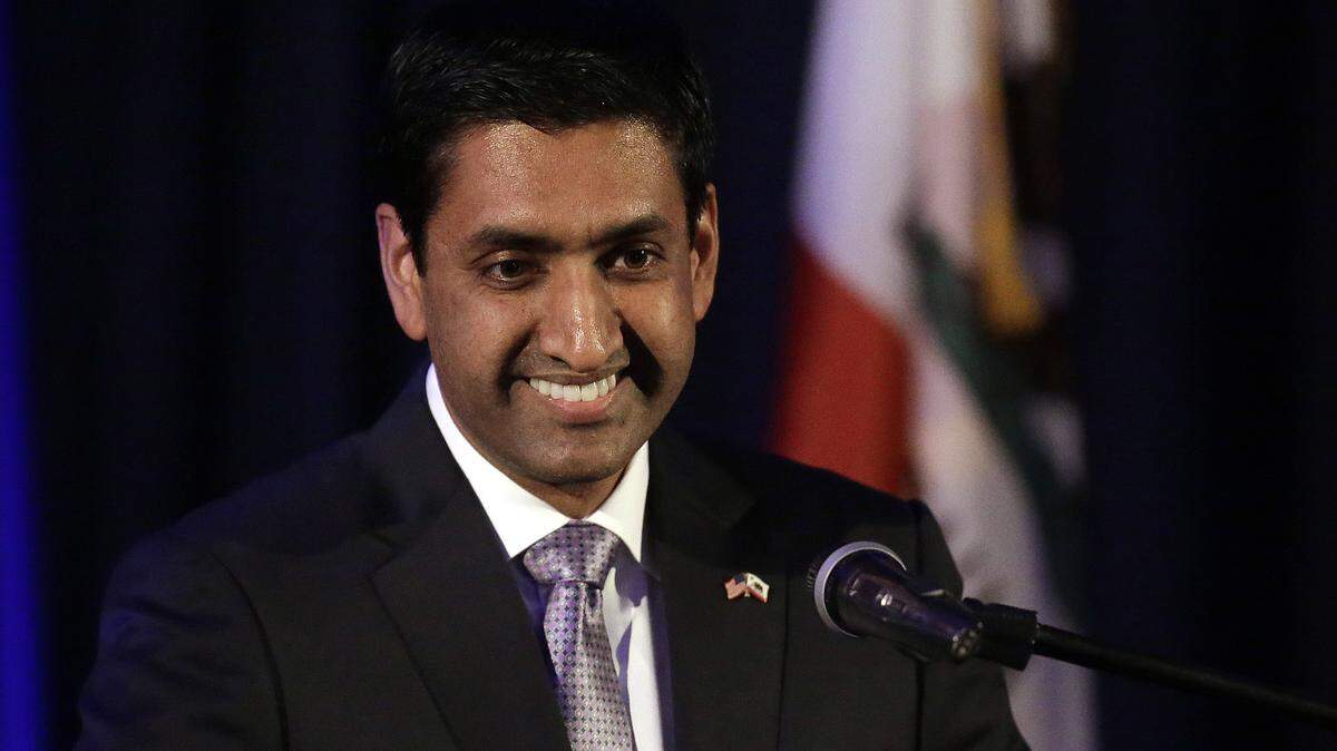 Rep. Ro Khanna, D-California, smiles during a speech Tuesday, Nov. 8, 2016, in Fremont, Calif.