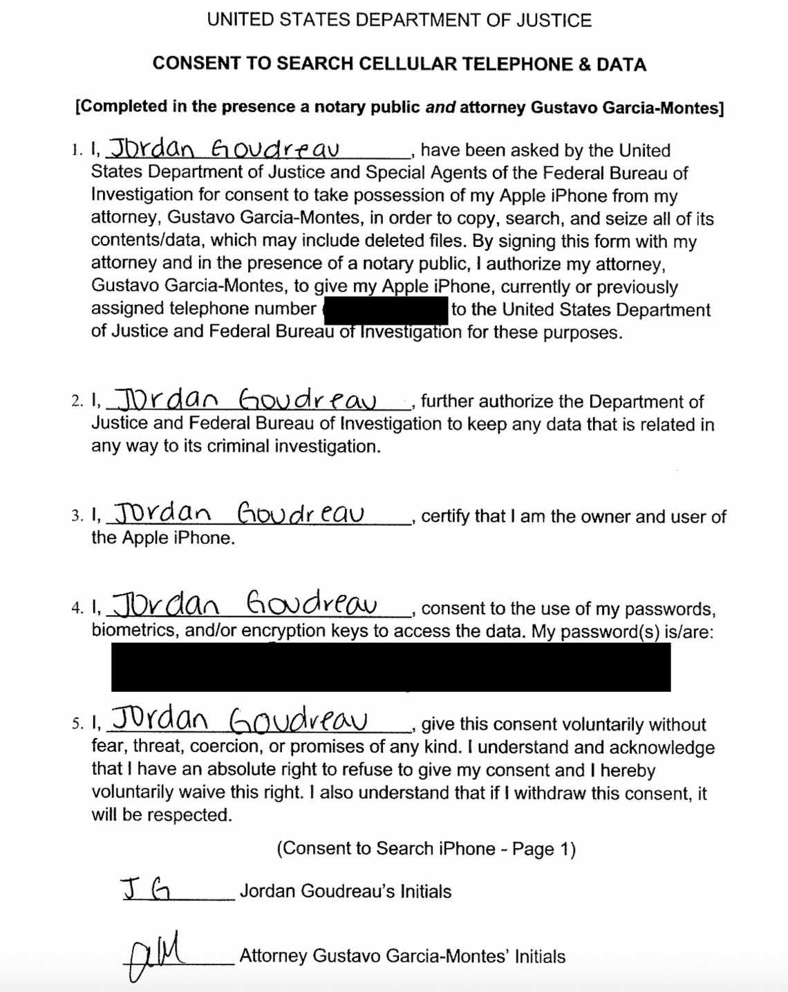 A consent form authorizing the FBI to search Goudreau’s phone.