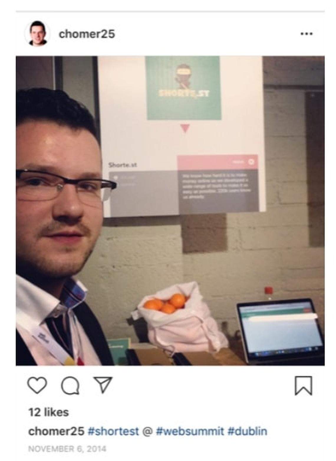 This screen shot of his Twitter account shows Dawid Chomicz, chief technology officer of the URL-shortening company Shorte.st, at a technology conference in Dublin, Ireland, in 2014.
