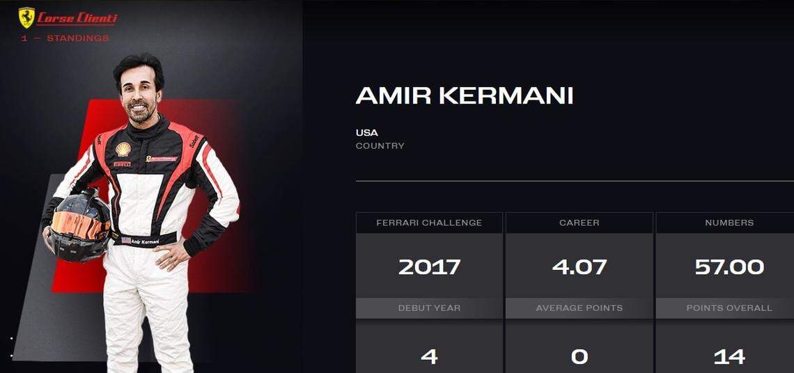 The screenshot from the English-language website of Ferrari shows Amir Kermani, a South Florida chiropractor, as one of the customers who is allowed to race company vehicles at events in North America through a program called Corse Clienti.