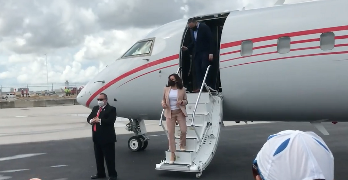 Sen. Kamala Harris steps off a plane in Miami, Florida ahead of a campaign event on Sept. 10, 2020