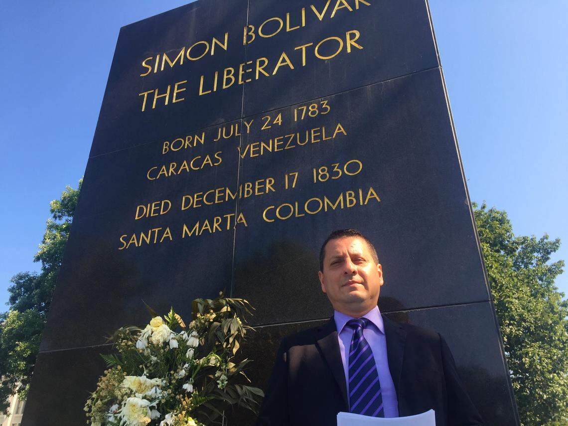 Exiled Venezuelan prosecutor Pedro Lupera stands in front of a statue on July 29, 2019, in Washington, D.C., of Venezuela-born liberator of South America Simón Bolívar.