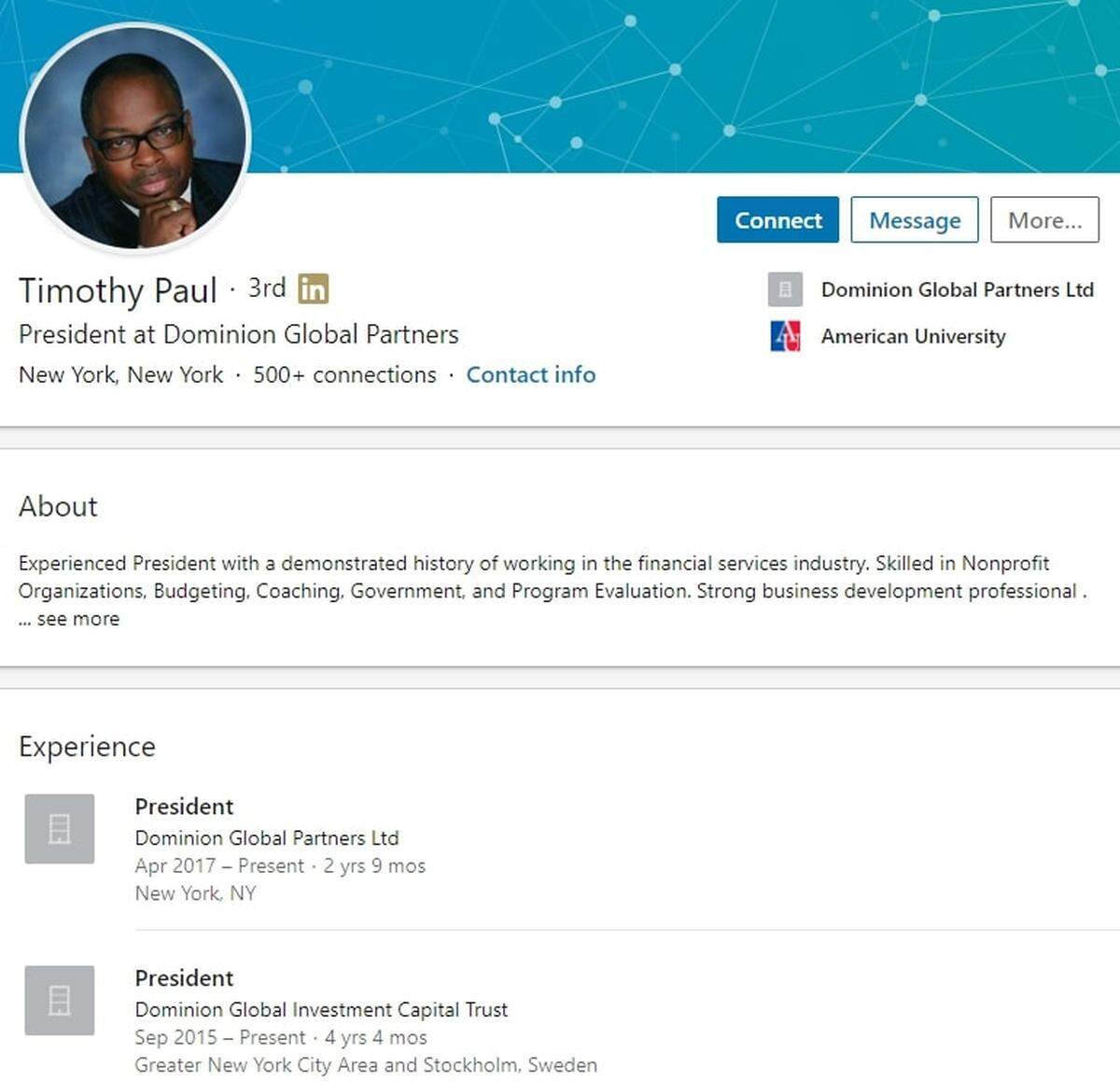 This screenshop of the LinkedIn page of Timothy Paul does not mention his status as an archbishop of a freestanding Christian church and shows his involvement in offshore companies he created through London-based offshore services provider Formations House.