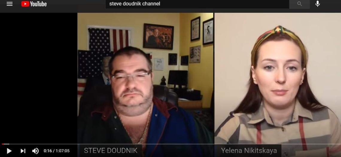 This screenshot shows Yelena Nikitskaya being interviewed by Steve Doudnik on his YouTube channel. The two Russian-language bloggers were at the Jan. 6 Capitol protests together, spreading in Russian the Stop the Steal message and alleging the violence was caused by Democrats and Antifa.