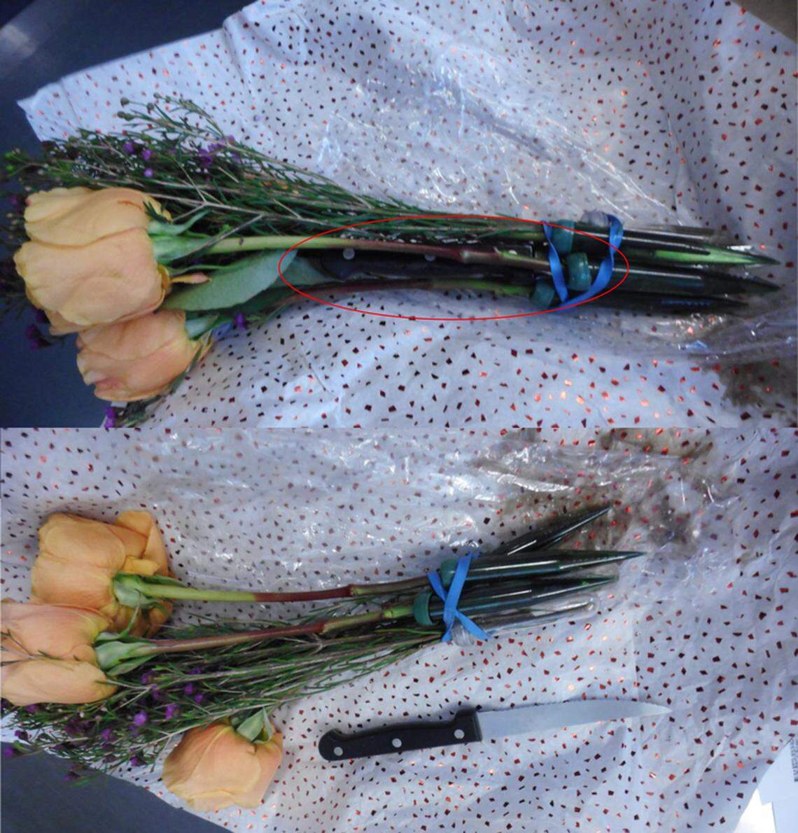 In this July 2019 photo, TSA officers discovered a knife hidden in the stems of a bouquet of flowers at the Seattle-Tacoma International Airport.