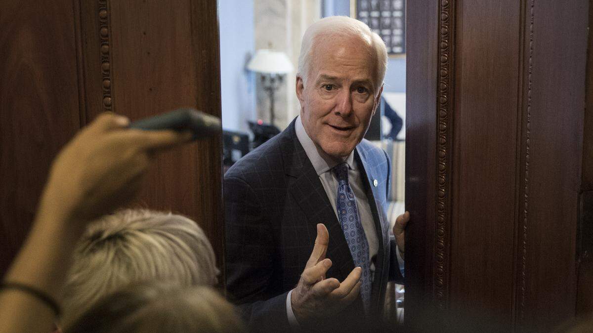 Senate Majority Whip John Cornyn of Texas talks to reporters outside his office on Capitol Hill in Washington, Wednesday, July 26.
