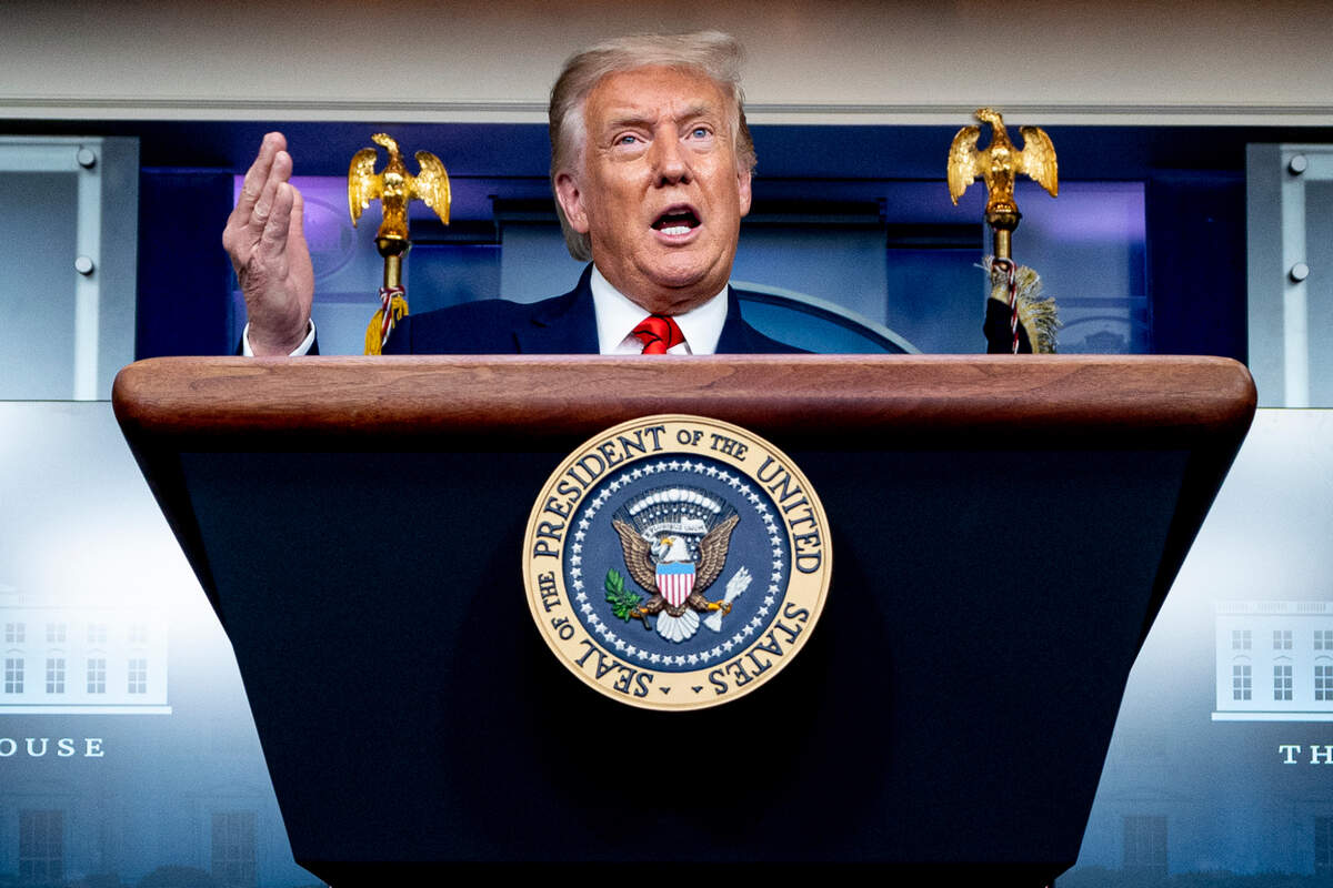 In this Aug. 31, 2020 file photo, President Donald Trump speaks during a news conference in the James Brady Press Briefing Room in Washington. Most Americans are deeply pessimistic about the direction of the country and skeptical of President Donald Trump’s handling of the coronavirus pandemic. That’s according to a new poll from The Associated Press-NORC Center for Public Affairs Research. The survey shows that roughly 7 in 10 Americans think the nation is on the wrong track. And as the nation nears 200,000 deaths from the coronavirus pandemic, just 39% of Americans approve of Trump’s handling of the health crisis. Americans have a more favorable views of public health officials, as they have throughout the pandemic. (AP Photo/Andrew Harnik)