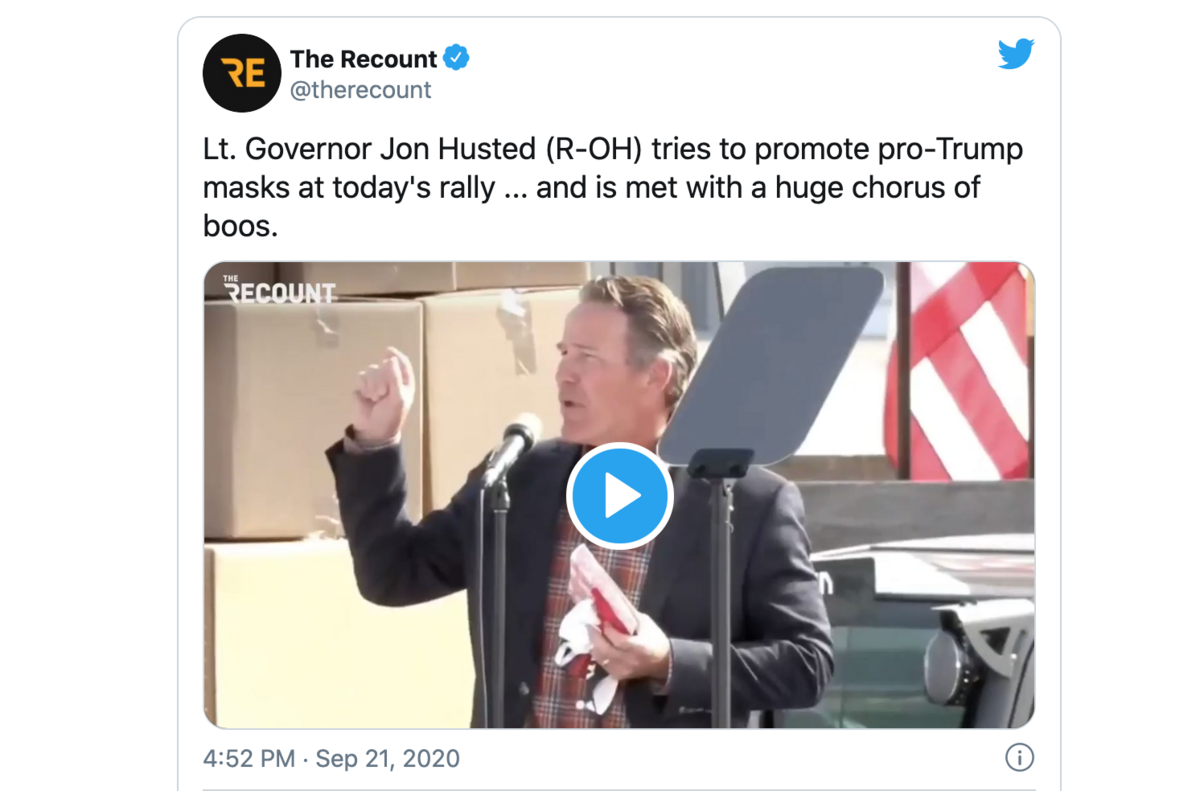 Ohio Lt. Gov. Jon Husted was met with boos when he got on stage at a rally outside Dayton wearing a red “Trump” mask and said “I’m trying to make masks in America great again.” Cincinnati Enquirer’s Jessie Balmert has the details.