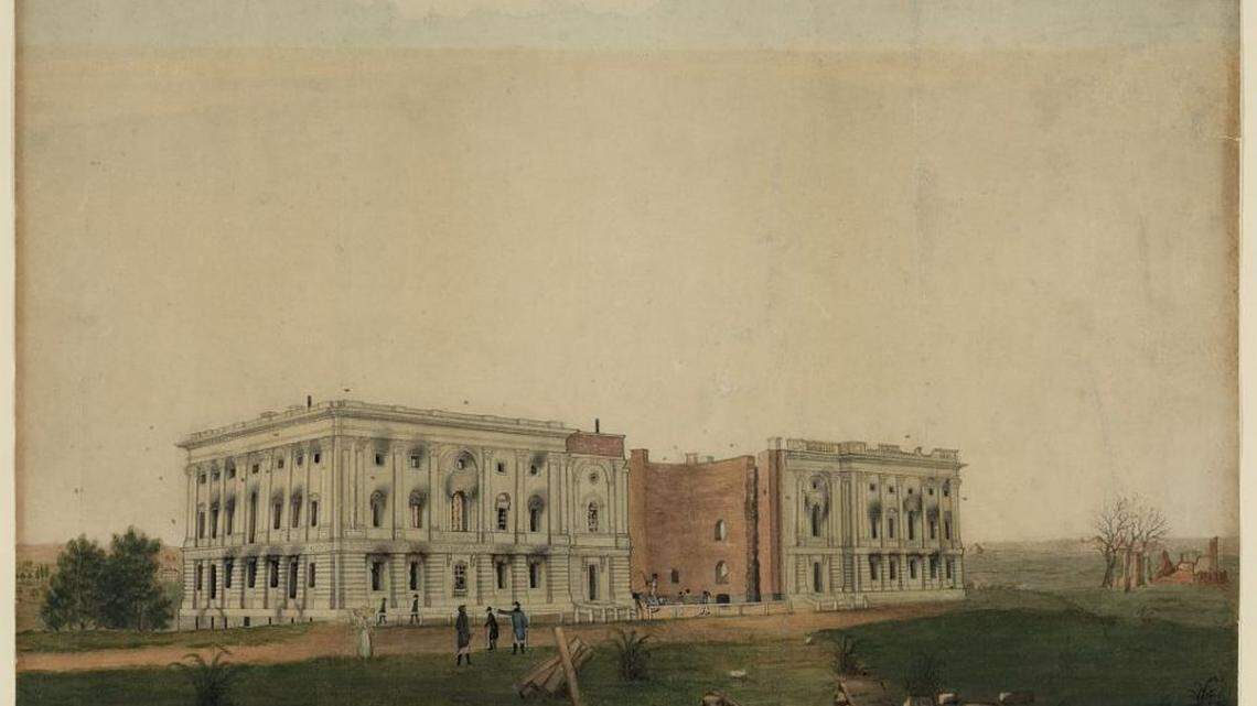 A photo of the U.S. Capitol building after the British burned it in 1814.