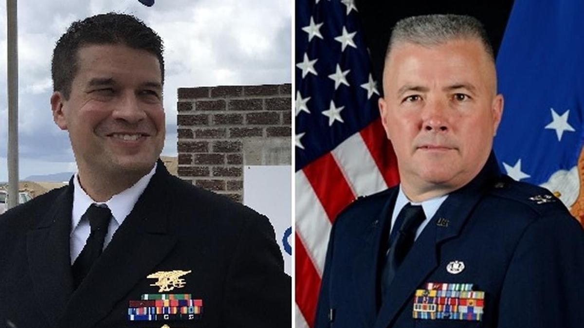 At left, defense attorney Navy Lt. Alaric Piette at U.S. Navy base Guantánamo on Nov. 3, 2017, in a Miami Herald photo approved for release by the U.S. Army. At right, an Air Force handout photo of Air Force Col. Vance Spath, the judge in the USS Cole bombing case.