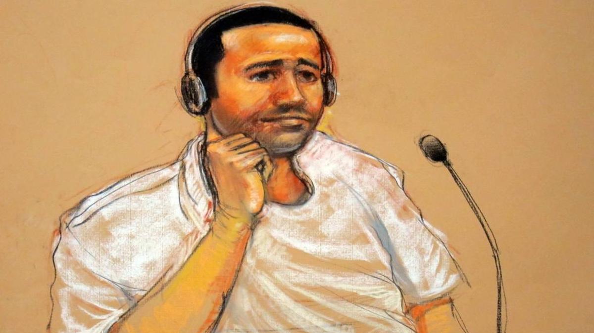 This Nov. 9, 2011, rendering by courtroom artist Janet Hamlin shows Abd al Rahim Hussein al Nashiri during his military commissions arraignment at the Guantanamo Bay detention center in Guantanamo, Cuba.