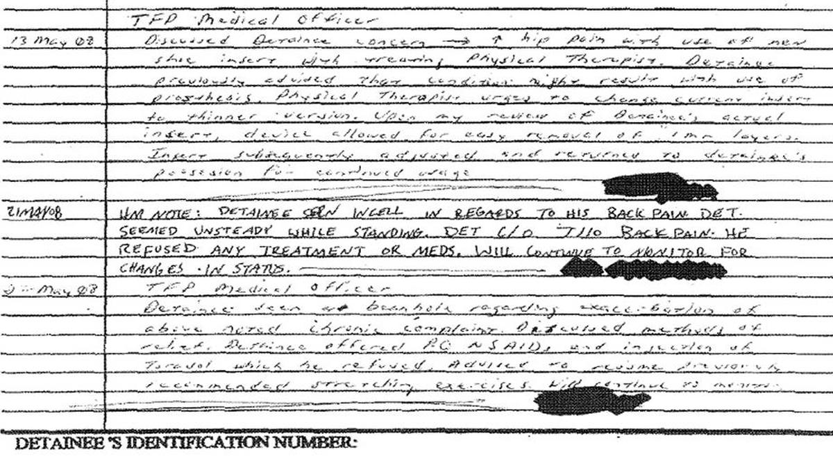Three 2008 entries in the detainee’s Camp 7 healthcare record, two signed by the Task Force Platinum (TFP) medical officer show the captive complaining of pain but rejecting medication. The third entry by a Navy corpsman (HM) shows the captive ‘seemed unsteady while standing’ in his cell.
